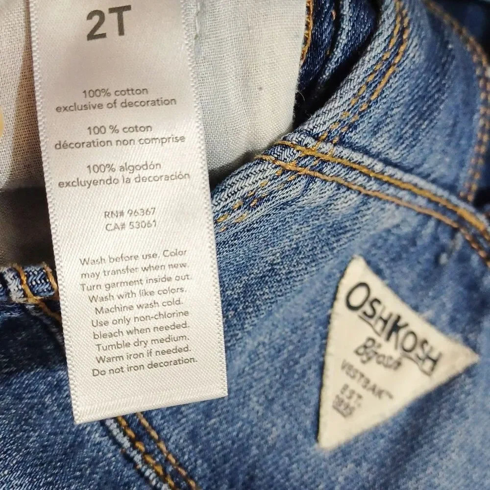 OshKosh B’gosh 2T Girls Denim Jean Bibs Overalls  Heart Pocket Button Cotton